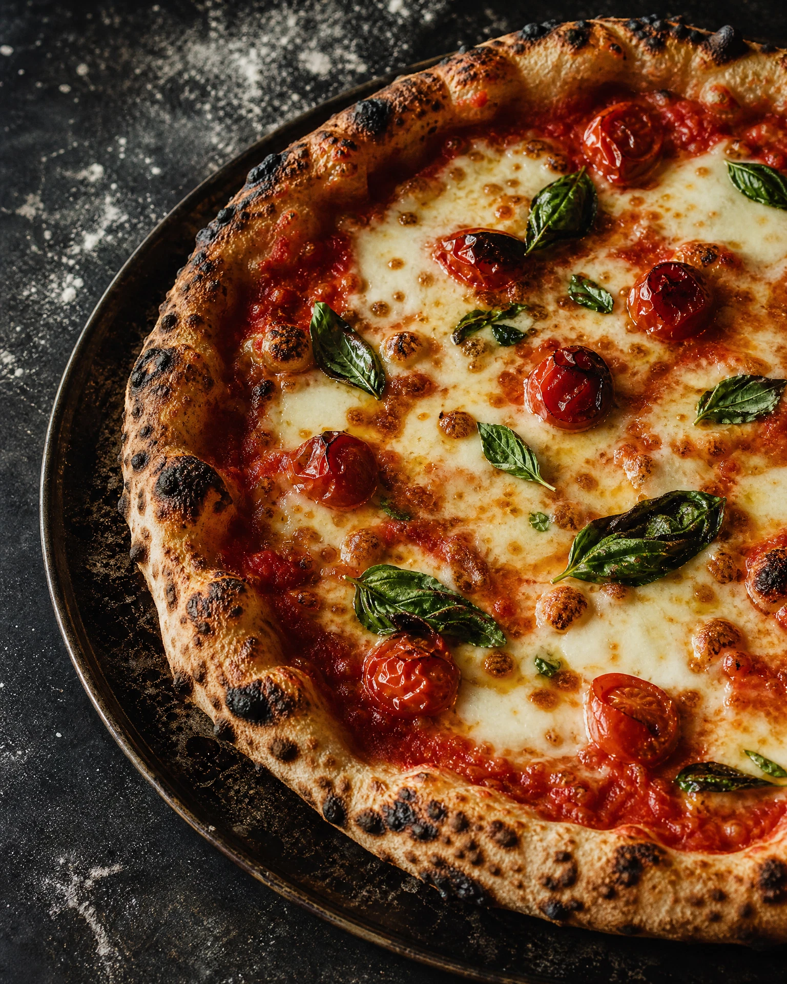 A freshly baked pizza with a charred crust, tomato, mozzarella, and basil